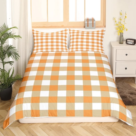 Erosebridal Abstract Grid Comforter Cover Twin,Geometric Buffalo Bedding Twin Size,Orange White Duvet Cover Twin,Ultra Soft Plaid Bedroom Decorative(No Comforter),3pcs