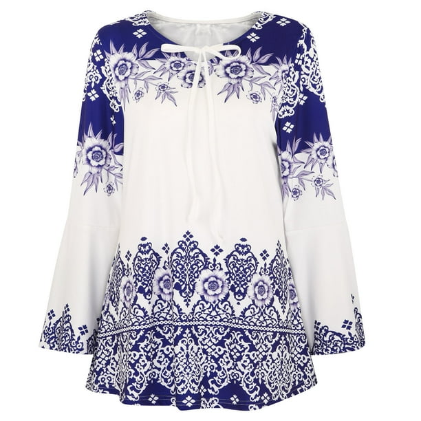 Camiseta con manga de trompeta estampada Chinoiserie para mujer Camiseta con ojo de cerradura Fridja hj3104