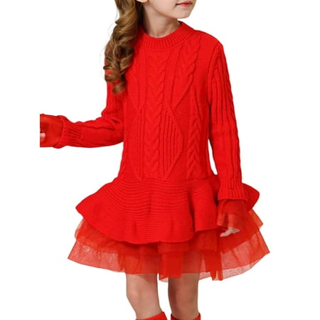 

PBaeM Baby Girls 18M-6T Long Sleeve Tulle Splicing Crochet Tuxedo Sweater Dress