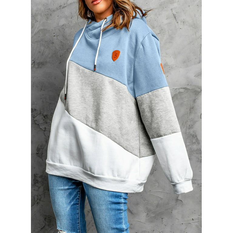 Womens Tunic Color Pullover Tops Cowl Sidefeel Hoodie Neck S-XXL Tops Sweatshirt Block Drawstring