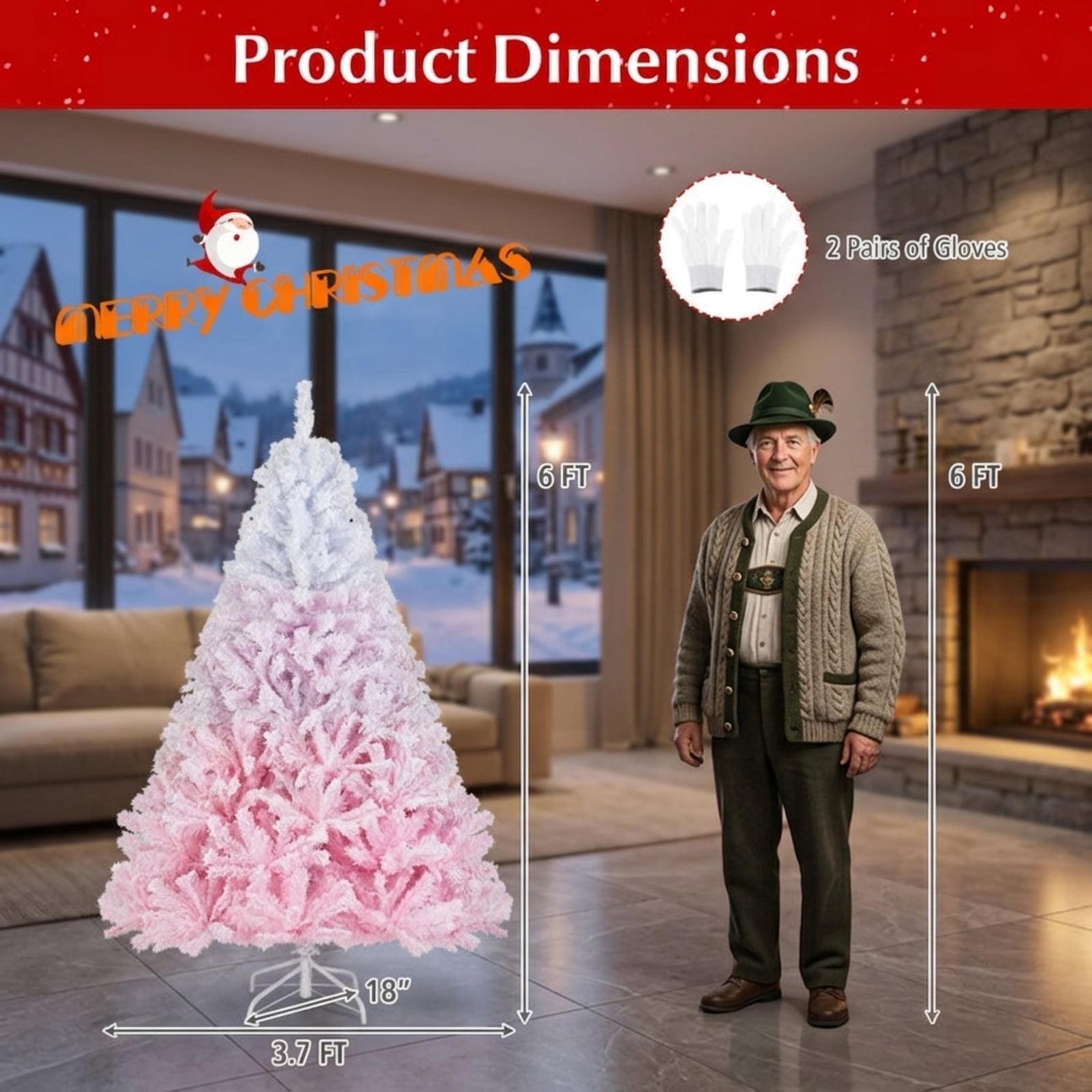 RUIE 6FT White & Pink Gradient Artificial Christmas Tree, 820 Snow Flocked Branch Tips Hinged Xmas Tree with Folding Metal Stand for Bedroom Holiday