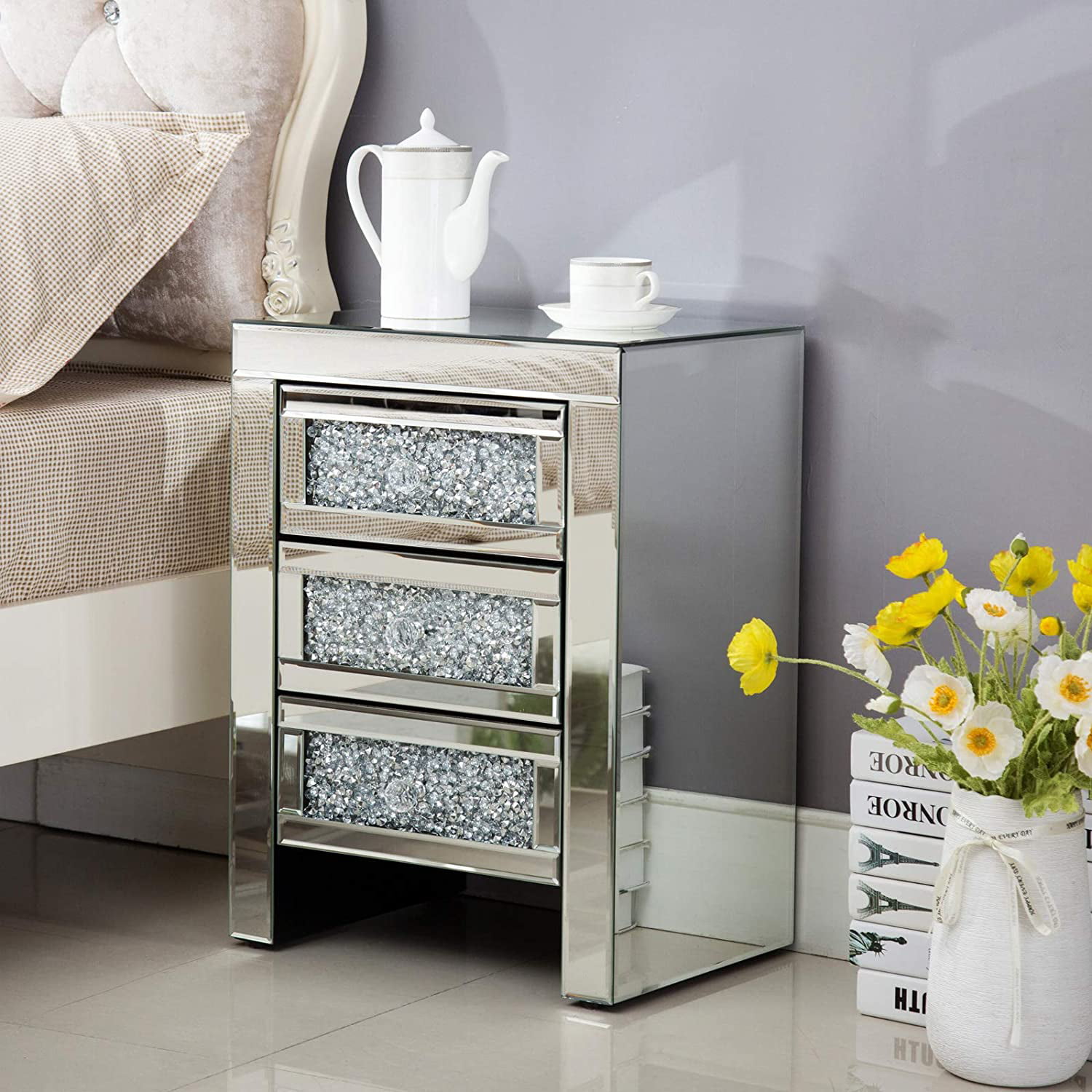 Mecor Mirrored End Table 3 Drawers Mirror Accent Side