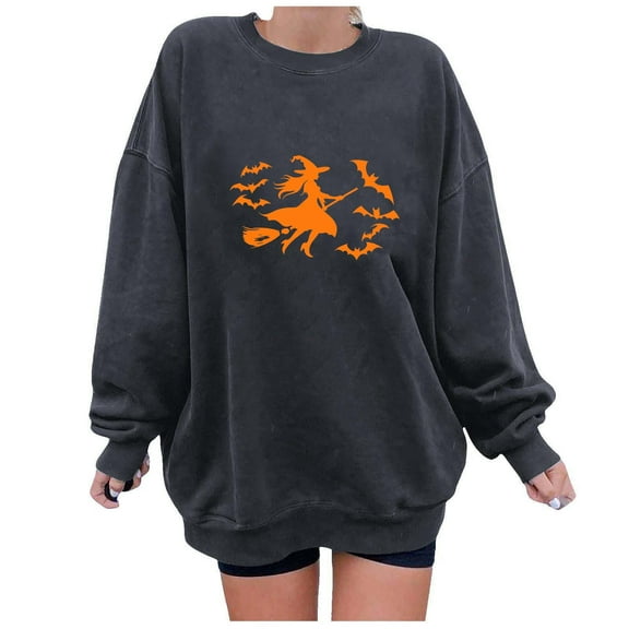 Womens Fleece Lined Sweatshirts Oversized Drop Shoulder Crewneck Sweat Shirts Loose Casual Halloween Graphic Sweater Gray, M
