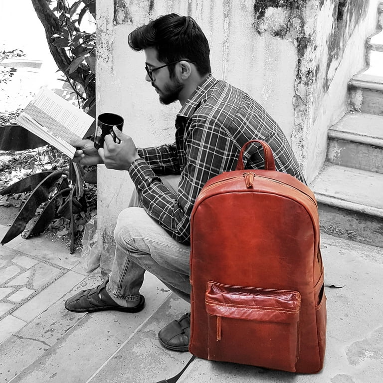 Jaald 18 Leather Backpack Vintage Rucksack Large Laptop Bag for Women Men Weekender Pack Brown Knapsack Bookbag Daypack College Hiking