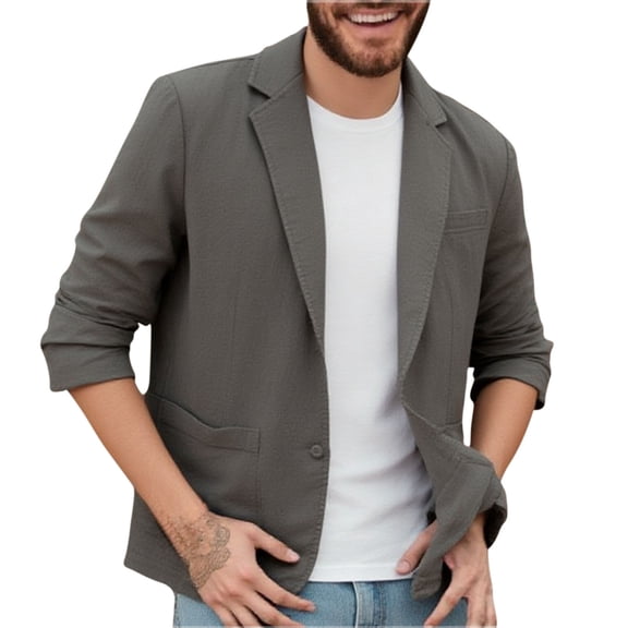 KeShDi Blazer for Men Breasted Trendy Long Sleeved Lapel Imitation Linen Casual Pocket Suit Jacket Dark Gray 3X