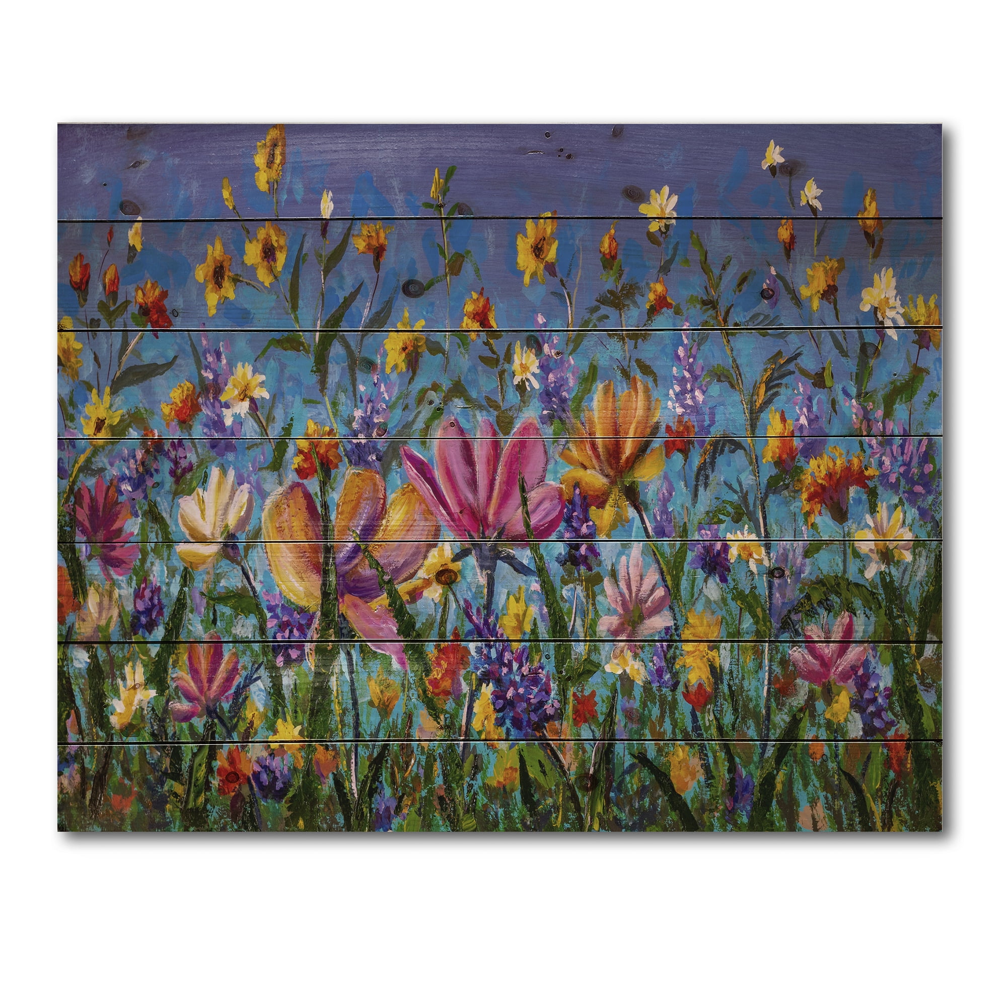 Designart 'Wildflowers and Daisies In Summer Garden Field I' Traditional Print on Natural Pine Wood
