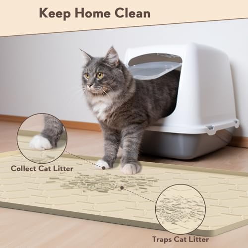 Silicone Cat Litter Trapping Mat, Large Waterproof 34" X 22" Cat Litter Box Mat, Easy to Clean, Beige