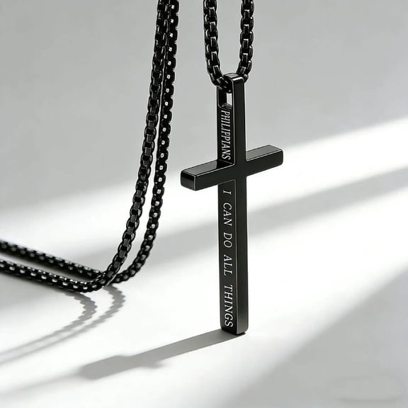 Black Stainless Steel Philippians 4:13 Cross Necklace for Men - "I Can Do All Things" Bible Verse Pendant, Religious Christian Jewelry