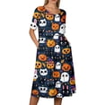 thumbnail image 5 of Domzest Halloween Dress for Women Crew Neck Short Sleeve Dresses with Pockets Ghost Pumpkin Graphic Funny Midi Dress Dark Blue S, 5 of 6