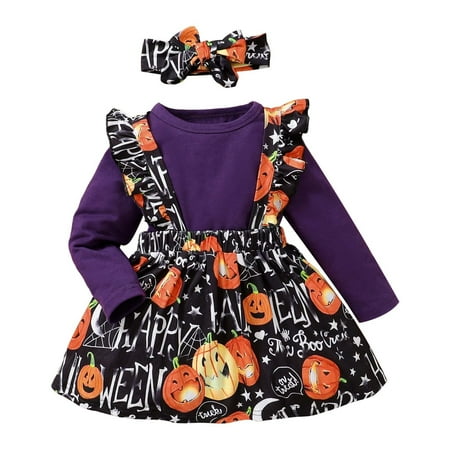 

JIEU Toddler Baby Girls Solid Color Long Sleeve Comfortable Casual Tops Printed Suspender Dress Outfits Set Festival Gift