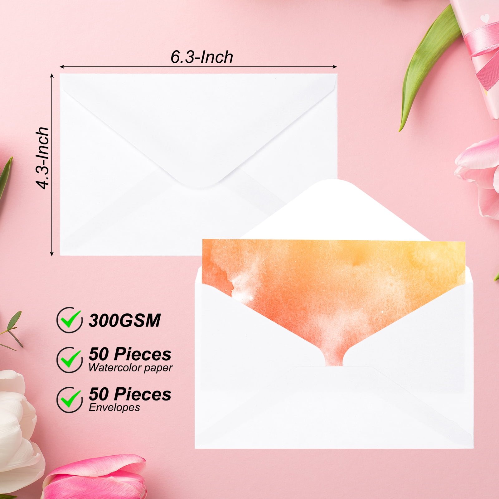 Unique Bargains 50 Sets Cotton Watercolor Paper 140lb/300 GSM Postcards with Envelopes