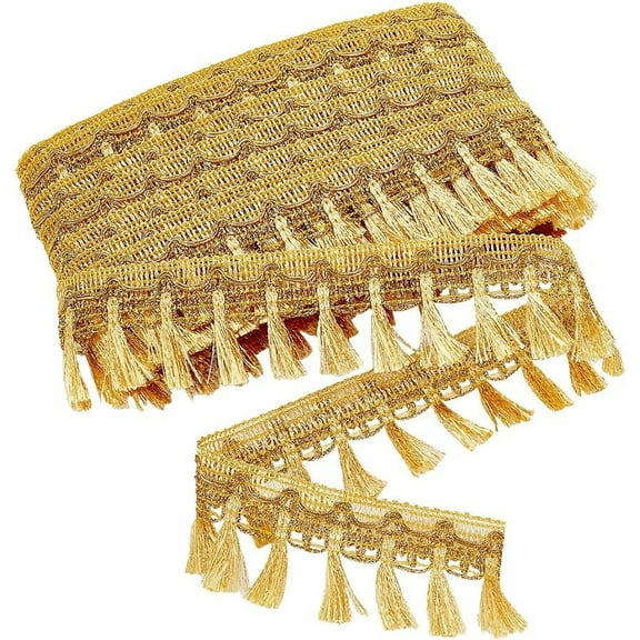 20m/21.8 Yards Golden Fringe Trim 2.17 inch/55mm Filigree Lace Ribbon with Tassel Sewing Edging Trim Fabric Decorative Trim for Curtain Lampshade Costume Craft Home Decor