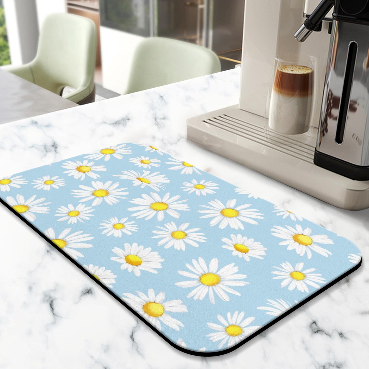 2 Pack Washable Rubber Daisy Cute Floral Dish Drying Mats for Kitchen Counter Home Large Coffee Bar Pad Accessories and Decor for Utensils Stemware (2pcs 18''x24''+19.5''x12'')