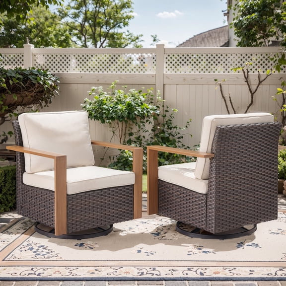 POCASSY Patio Swivel Chairs Set of 2, Outdoor Rocking Chairs with Wood Grain Finish Square Armrest All Weather Wicker Glider Rocking Patio Chairs for Porch Deck Balcony, Brown/Beige