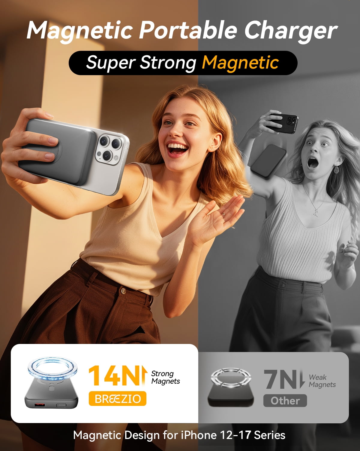 Magnetic Wireless Portable Charger, 12000mAh Power Bank, Fast Charging Battery Pack Compatible for iPhone 17/16/15/14/13, Lightgray