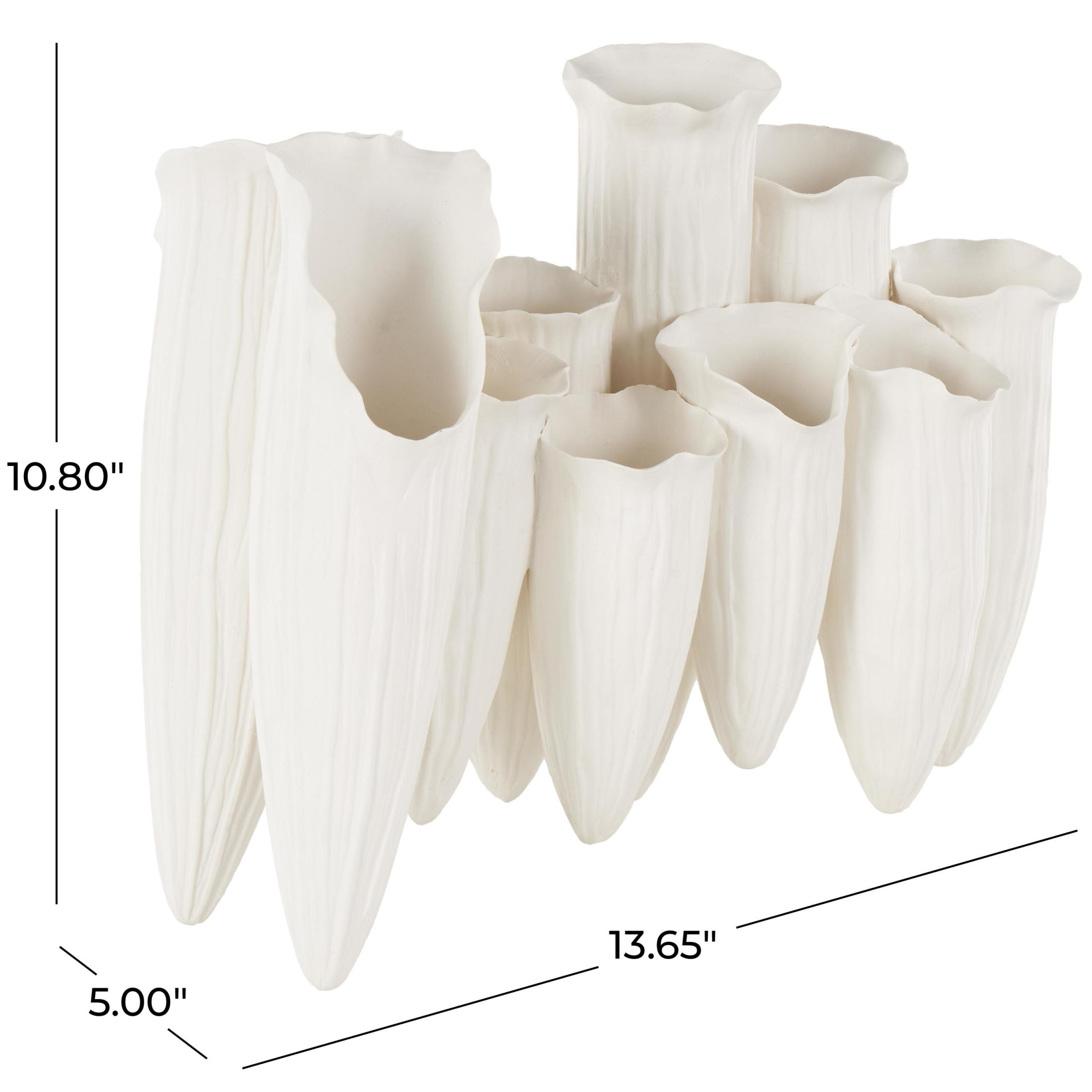 DecMode 11" Abstract Floral Inspired White Ceramic Vase with Linear Grooves and 10 Openings
