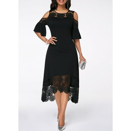 Knee Deep Black Lace - Solid Color Cold Shoulder Flare Cuff Lace Panel Knee Length Dress