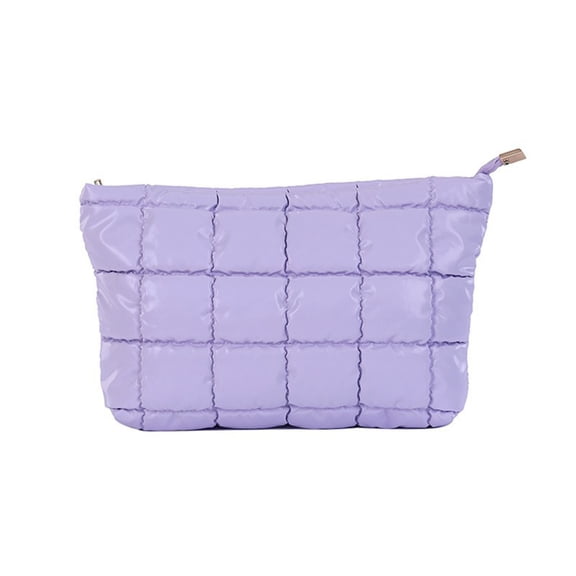 Zznnkj Quilted Puffer Makeup Bag, Large Capacity Cosmetic Pouch Bags, Soft Nylon Checkered Toiletry Zipper Pouch Bag for Travel, Purple