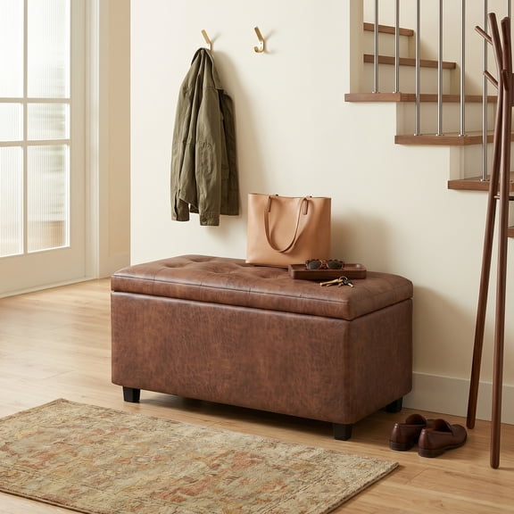 Cosmopolitan 34" Transitional Rectangle Ottoman in Saddle Brown Faux Leather