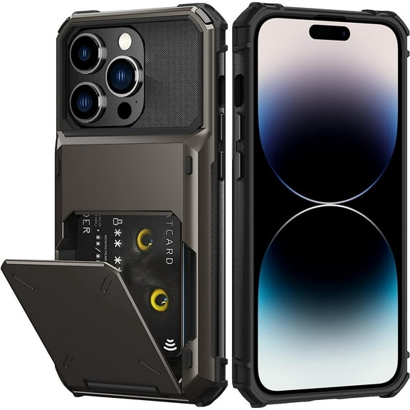 iPhone 14 Pro Case - Card Holder for 5 Cards, Shockproof Wallet, Hidden Slot, Dual Layer Protection (Gray)