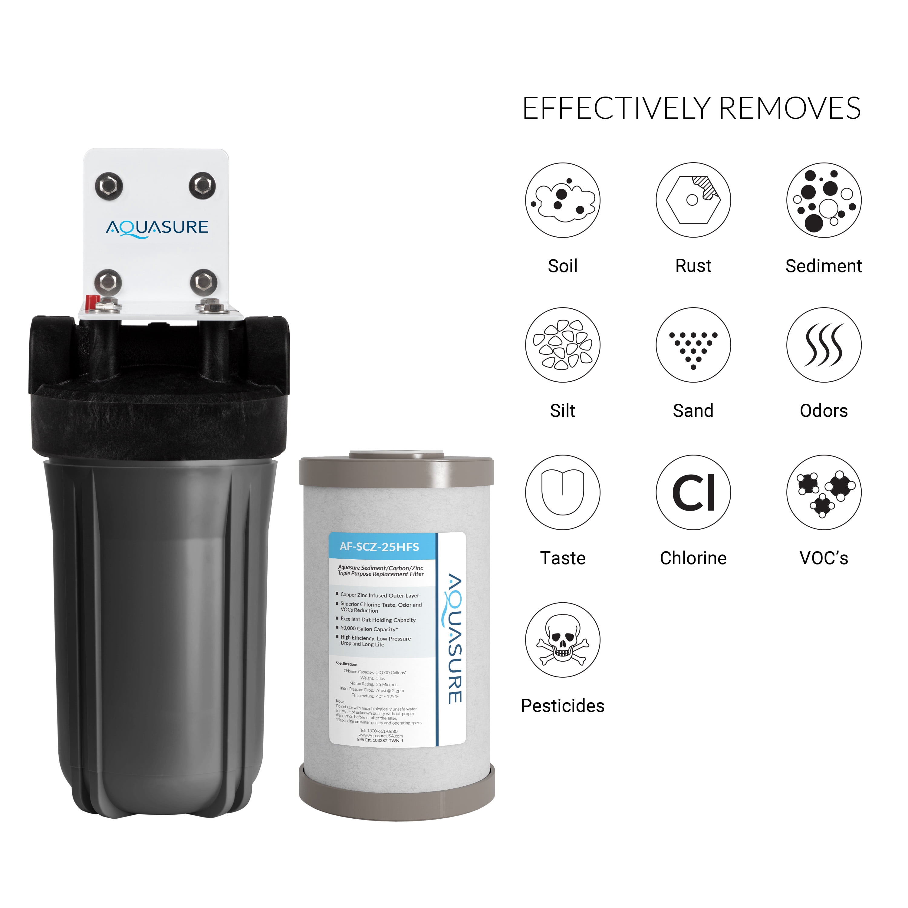 Aquasure Fortitude V2 Series Triple Purpose Sediment/Carbon/Zinc Bacteria Inhibiting Water Treatment Filter System, Small Size (AS-FS-25SCZ)
