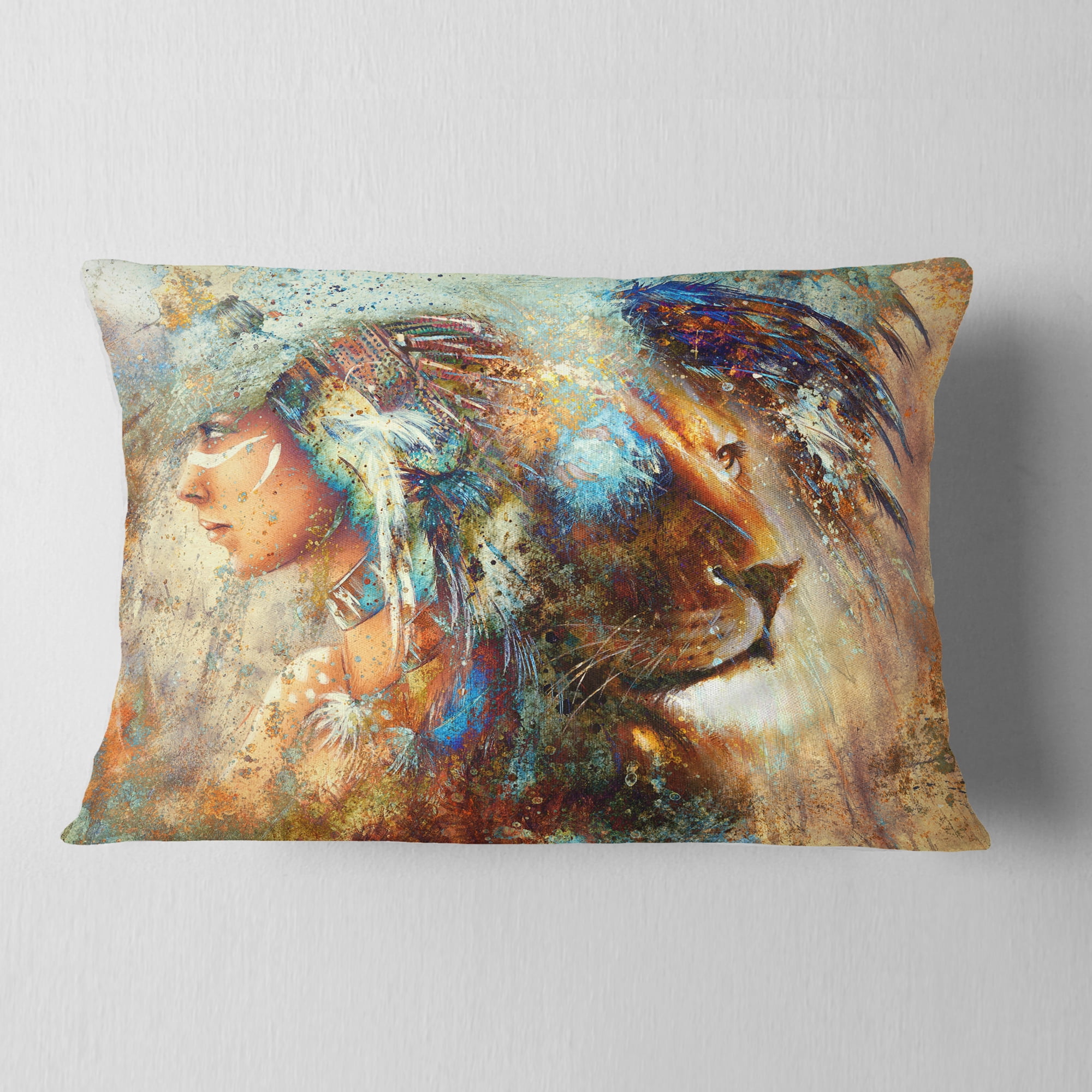 Designart Indian Woman Collage with Lion - Indian Throw Pillow - 12x20