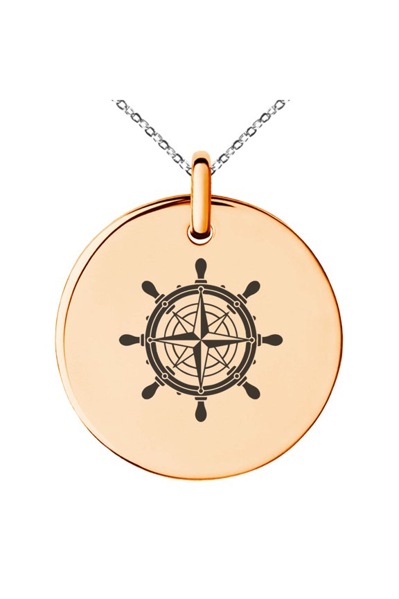 Stainless Steel Nautical Ship Helm Wheel Compass Engraved Small Medallion Circle Charm Pendant Necklace