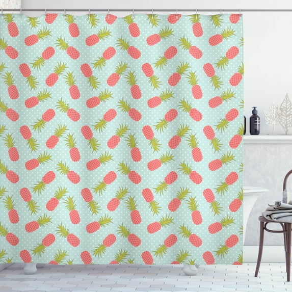 Vintage Shower Curtain, Traditional Polka Dotted Background with Doodle Style Pineapple, Fabric Bathroom Set with Hooks, 69W X 70L Inches, Pale Blue Dark Coral and Green, by Ambesonne