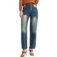 thumbnail image 1 of Jeans de pierna ancha para mujer, de cintura alta, jeans rectos de mezclilla con botones y bolsillo, azul M, 1 of 1