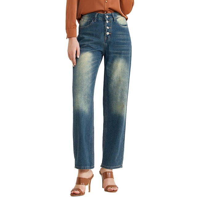 Jeans de pierna ancha para mujer, de cintura alta, jeans rectos de mezclilla con botones y bolsillo, azul M
