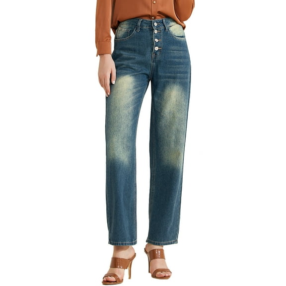 INSPIRE CHIC Women's Wide Leg Jeans High Waisted Straight Leg Jeans Buttoned Denim Pants with Pocket Blue S