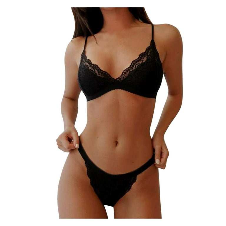 Print Black Plus Size Bra & Panty Sets (Women's) 