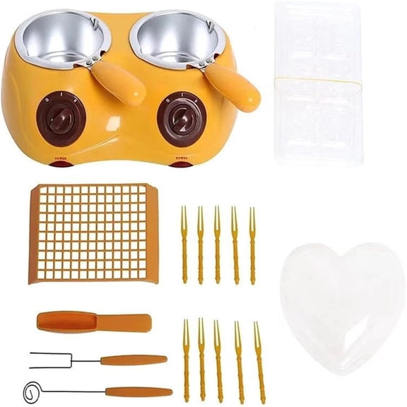 Chocolate Melting Pot Kit with Molds and Fork, Chocolate Melting Warming Double Pot, Mini Electric Fondue for Candy, Milk, Cheese, Butter Making(Yellow)
