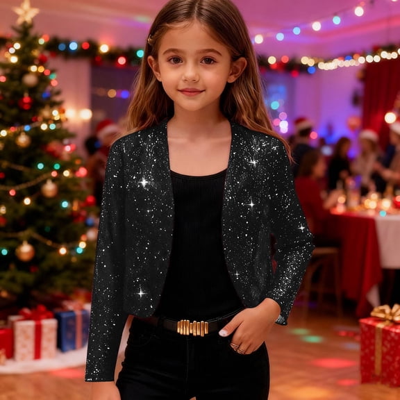 Girls Sparkly Cardigan, Lightweight Long Sleeve Cropped Open Front Thin Coat for Party, School, and Loungewear, Solid Color Layering Piece, Versatile for Casual and Special Occasion Outfits - Black