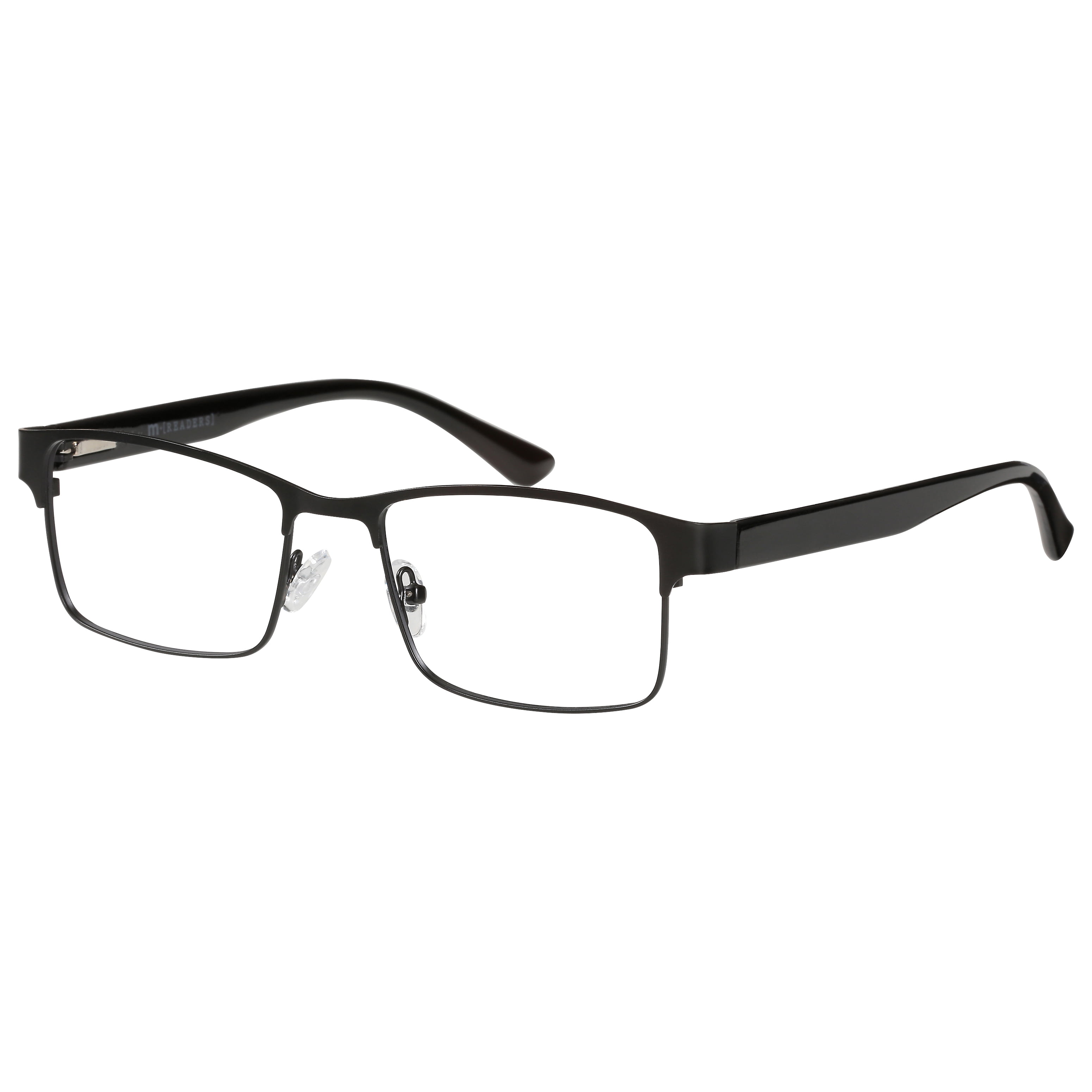 M+ Mens Rectangular Flat Metal Reading Glasses 1.50 Ash in Classic Matte Black