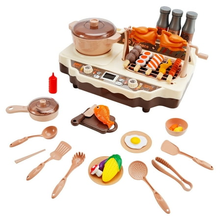Barbecue BBQ Grill Set, Kitchen Playset with Smoke Sound Light Simulation Camping Cooking Interactive Pretend Play Food