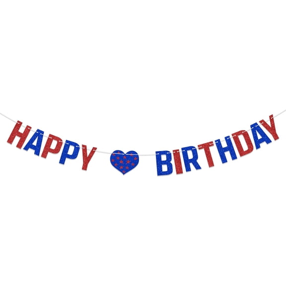 Red & Blue Glitter Happy Birthday Banner with American Flag Star Heart Cutout, Patriotic USA Themed Birthday Party Pre-Strung Letter Bunting Garland Wall Decor