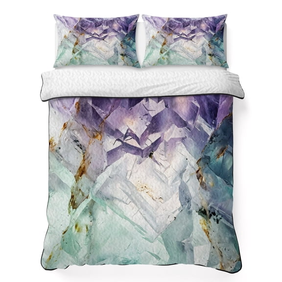 Quilts Full Size Bedding Set, Purple Teal Lightweight Quilted Comforter, Modern Art Elegant Soft Reversible Bedspread Coverlet with Pillow Covers for All Season, 78" x 90"
