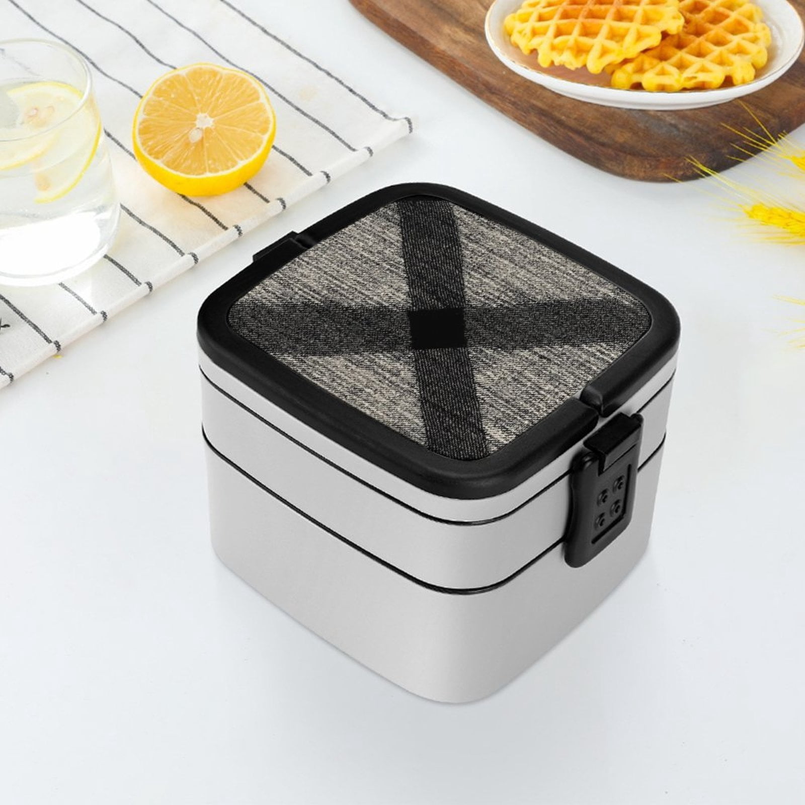 5.3×4.3in Double-Layer Bento Box Sealing Leakproof Partition Design Buckle Design Convenient Switch With Handle Argyle Plaid DimGray_95746_4