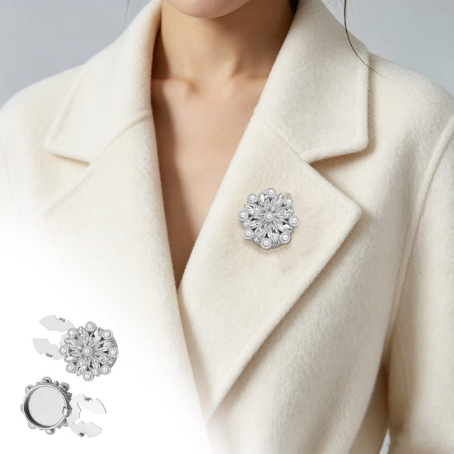 Shirt Button Covers Set of 2 Floral Rhinestone Faux Pearl Alloy, Clip-On Decorative Studs for Blouses, Cardigans, Cuff Buttons