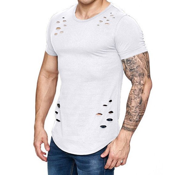 Nnhblu Men Polyester Short Sleeve Round Neck Holes and Irregular Summer Blouse White M