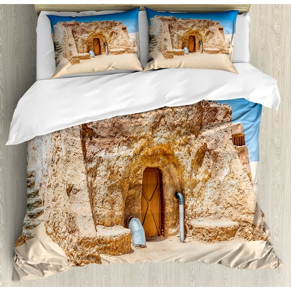 Galaxy Duvet Cover Set, Abandoned Sets of Movie in Tunisia Desert Phantom Menace Galaxy Themed Image, Decorative 3 Piece Bedding Set with 2 Pillow Shams, Calking Size, Brown Blue, by Ambesonne