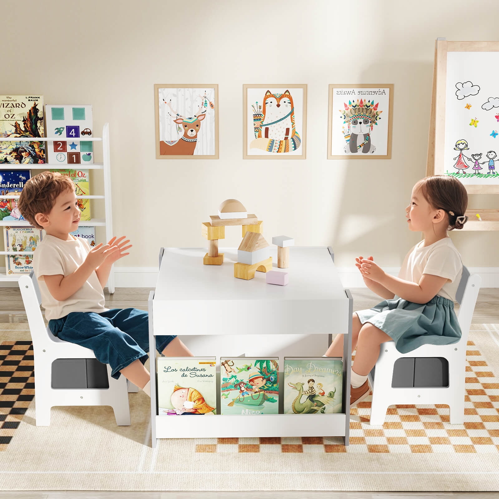 Infans 4-in-1 Kids Table & Chair Set Toddler Wooden Activity Table w/ Side Bookshelves