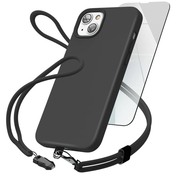 Encased 3-in-1 Set Designed for iPhone 14 PLUS Silicone Case with Neck   Wrist Strap (Slim-fit) Soft Touch Rubber Case, Black (Screen Protector Included)