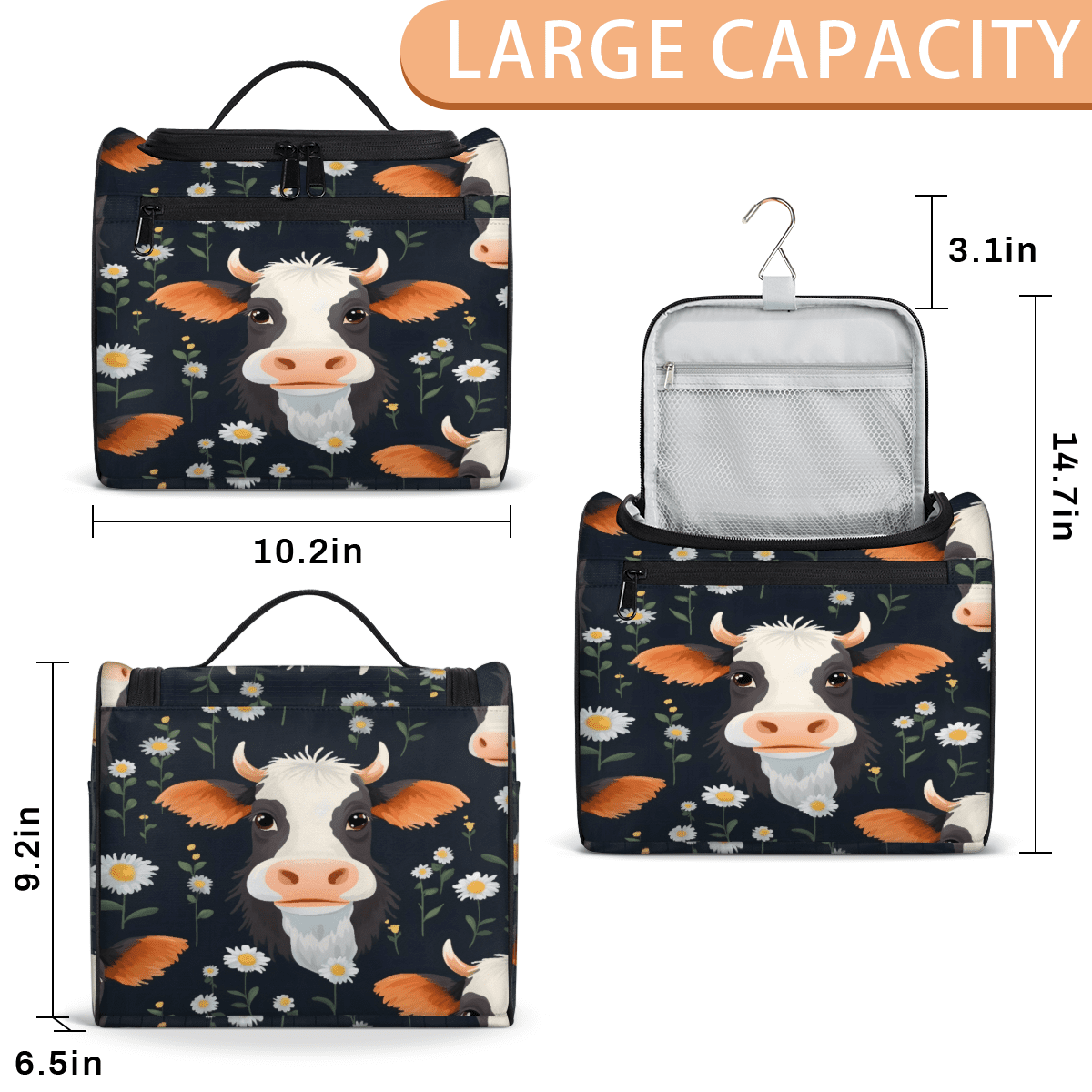 Herdesigns Floral Cow Toiletry Bag for Women, Travel Makeup Bag, Waterproof Hanging Cosmetic Organizer for Toiletries & Makeup Essentials