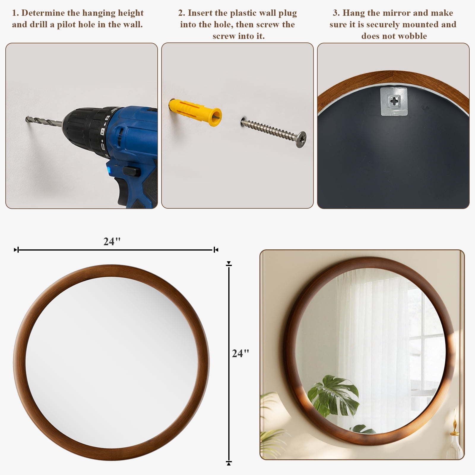 Easy4Home 24" x 24" Round Bathroom Mirror Wall Decor with Wooden Frame, Walnut