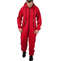Mens Romper Men's Autumn Winter Warm Splicing Casual Hooded Zipper Solid Pocketed Jumpsuits Mens Jumpsuit Red XXXXXL