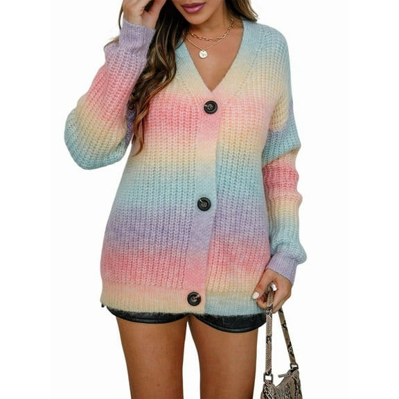 Women'S Gradient Rainbow Cardigan Sweater Autumn and Winter Knitted Long Sleeve Button Cardigan Top Pink S