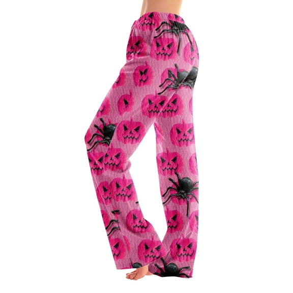 Homozy Halloween Pajamas Pants for Women Plus Size Elastic Waist Cute Animal Printed Lounge Bottoms Wide Leg Fall Winter Sleepwear Hot Pink S