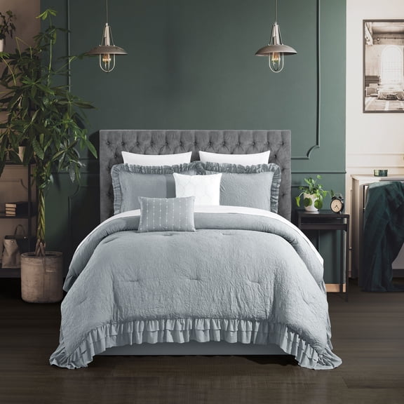 Chic Home Kensley Comforter Set Washed Crinkle Ruffled Flange Border Design Bed In A Bag Grey, Queen - Queen